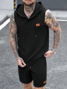 Manfinity CasualCool Men's Drawstring Hooded Sweatshirt And Drawstring Waist Shorts Casual Daily Suit - Black - View 3