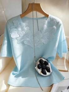 Franclia Women's Casual Embellished Short Sleeve T-Shirt, Summer - Blue - View 1