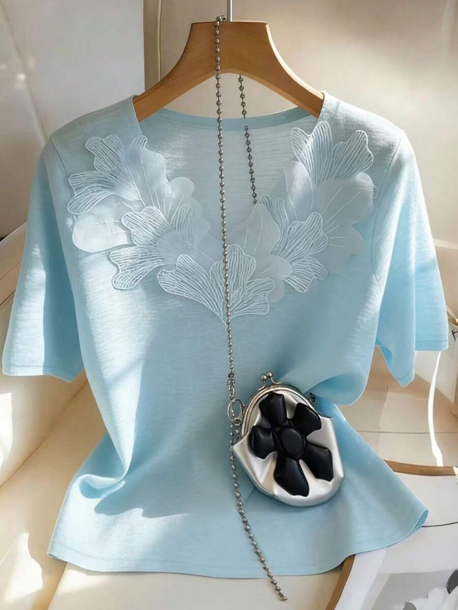 Franclia Women's Casual Embellished Short Sleeve T-Shirt, Summer - Blue - View 1