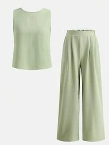 SHEIN 少女绿色无袖露脐上衣套装，后背蝴蝶结设计，休闲度假装，可爱宽松版型 - 綠色 - 查看 6