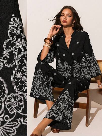 Poéselle 两件套梭织刺绣设计女士七分裤套装