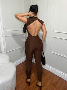 SHEIN SXY 女士性感黑色露背深V领连体裤 - 棕色 - 查看 2