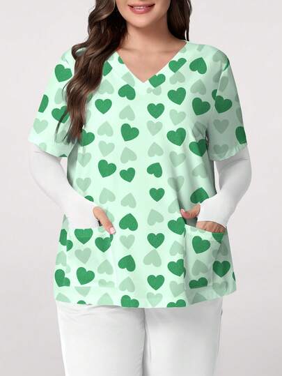 PopScrub Green Heart Graphic Print V-Neck Short Sleeve Pocket Ear Loop Split Design Plus Size Women's Scrub Top, Spring/Summer Nurse Uniform
