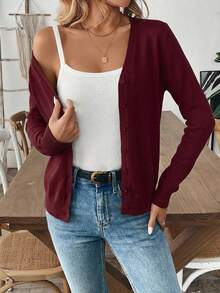 Cárdigan casual de manga larga ajustado de unicolor para mujer - Burdeos - Ver 5