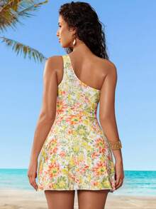 Swim Vcay Summer Vacation Blue & White Print Tummy Control One-Piece Swimdress - Beige - View 2