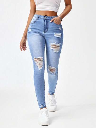 Jeanoix Jeans en denim déchiré de couleur unie minimaliste pour femmes, tenue casual