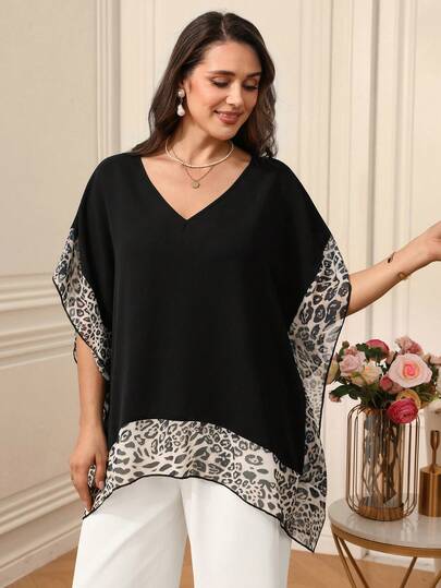 EMERY ROSE Plus Size Women Summer V-Neck Patchwork Leopard Print Batwing Sleeve Loose Blouse\Summer\Vacation\Elegant