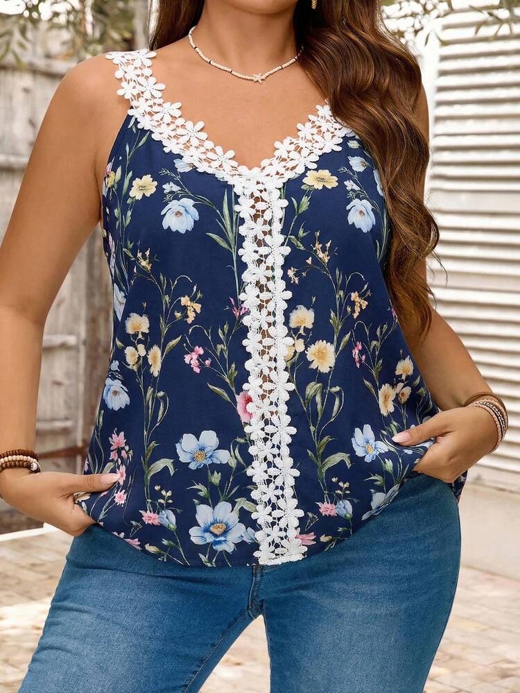 Plus Size V-Neck Floral Print Tank Top, Casual For Vacation,Vacation Woman Summer For Women Office Wear, Vacation Woman, Summer For Women Festival Boho,Holiday, Summer Tops
