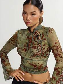 SHEIN ICON 复古网纱植绒透视露肩喇叭袖女式上衣 - 墨綠色 - 查看 5