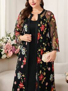 Reflora 大码优雅派对花卉刺绣网纱外套连衣裙两件套 - 彩色 - 查看 4