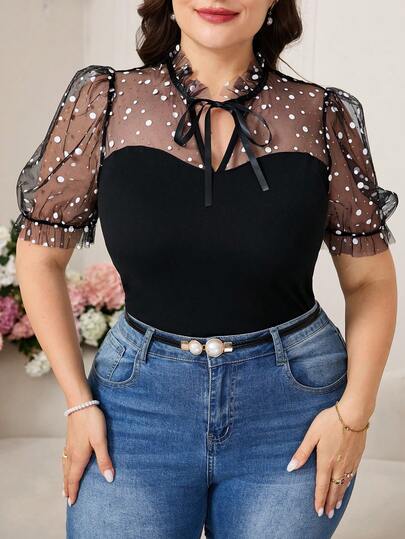 Reflora Camiseta de manga corta de verano para mujer talla grande, negra, elegante, con parches de malla, lazo, ajustada y elástica, hermosa, casual para exteriores, romántica