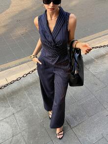 Siren Gaze Women's Navy Blue Striped 2-Piece Set, Casual Daily Wear, Summer Outfit, Business Casual, Teacher Attire, Office Wear, Women's 2-Piece Set With Sleeveless V-Neck Tie Blouse And Pants, Striped Women's 2-Piece Set,Navy Blue Set, Elegant 2-Piece Set,Summer Sets - Navy Blue - View 1