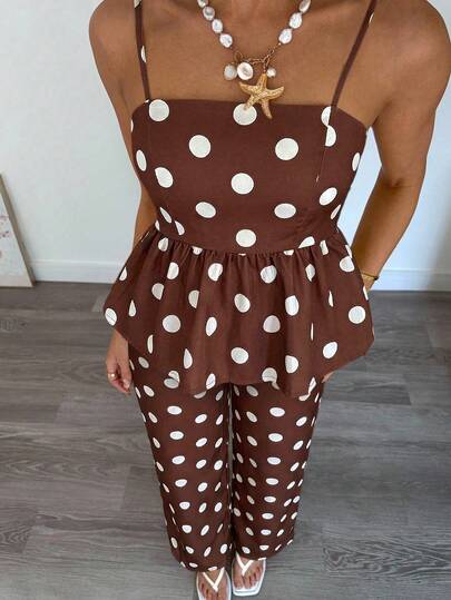 Siren Gaze 2 piezas Conjunto de top de tirantes y pantalones casuales de verano con estampado de lunares para mujer