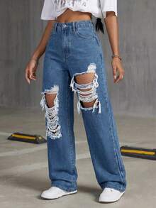 SHEIN ICON Distressed Slant Pocket Casual Loose Straight Leg Jeans - Medium Wash - View 6