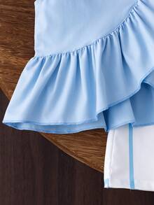 SHEIN 2 piezas Conjunto de chaleco con cuello de volantes azul y pantalones largos con estampado de moño para niña - Azul - Ver 5