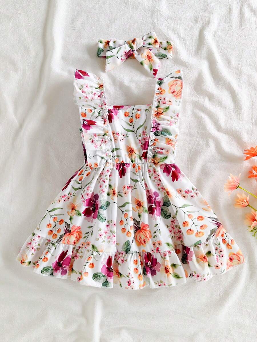 SHEIN Vintaside Kids 女嬰掛脖洋裝 白色花卉 夏季波西米亞風 度假度假風 粉白格紋草莓印花 荷葉邊 A字裙 派對婚禮拍照穿搭