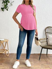 SHEIN Maternity Round Neck Short Sleeve Ribbed Pleated Peplum Solid Tee - Hot Pink - View 3