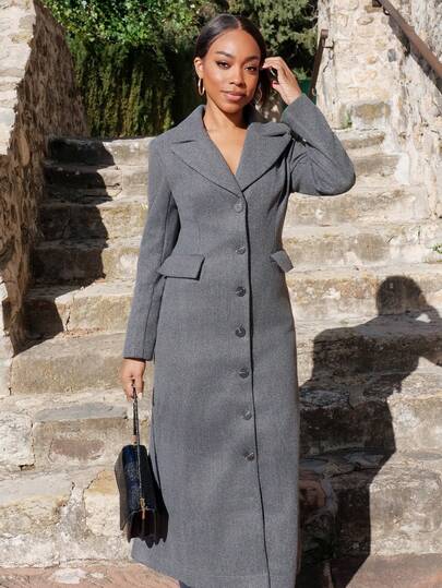 Yess Loren Autumn And Winter Gray Long Blended Overcoat For Women, High-Intelligence Lapel Slim Overcoat, Old Money Style Outfit, Winter Women's Coat, Fashionable Commuting Outfit,Winter Clothes For Women