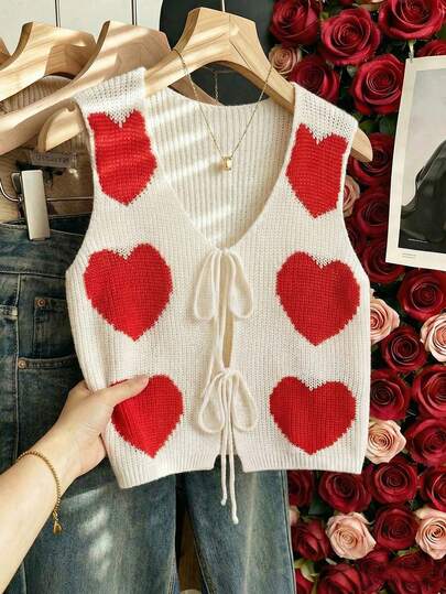 SHEIN Franclia Nuevo chaleco de punto con escote en V y cordón para mujer con patrón de corazones romántico y lindo para el Día de San Valentín, primavera temprana