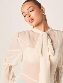 MISSGUIDED Blusa com Babados, Bainha Assimétrica, Amarração na Frente, Mangas Sino e Detalhe de Laço para Ocasiões Especiais - Damasco - Visão 6