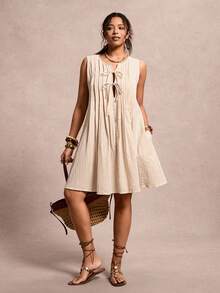 Freevana Bohemian Sleeveless Pleated V-Neck Drawstring Loose A-Line Dress, Minimalist Relaxed Linen Casual Short Dress, Summer - Apricot - View 3