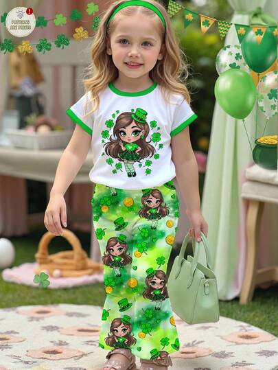 SHEIN 2pcs/Set Young Girl Casual Cute Clover Girl Pattern Tie Dye Tie-Dye Green Short Sleeve Top And Shorts Set, Suitable For Summer, Holidays, Outings, Girls Outfit Sets, Spring/Summer, Summer, Vacation, Polka Dot, Y2K, Baby Girls Clothes, Sets, Cozy Spring And Summer Styles, Easy Comfort, St. Patrick''s Day T-Shirt