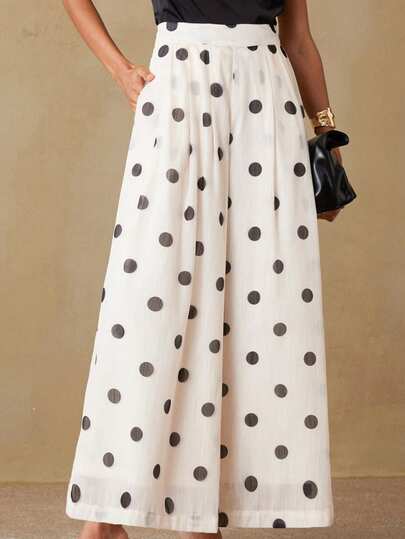 Aveloria Rosie Pantalones sueltos de cintura media con estampado de lunares aleatorios en blanco y negro, estilo casual refrescante, tela cómoda similar al tencel, adecuado para el uso diario y salidas de fin de semana