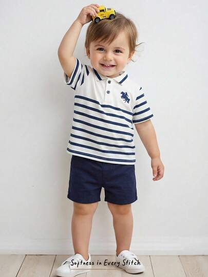 Cozy Pixies 2件套男婴彩色条纹POLO领短袖亨利衫和松紧腰短裤套装