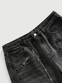 ROMWE MEN Street Life Men's Summer Casual Fashion Street Daily Commute Grommet Chain Detail Washed Denim Shorts - Black - View 3