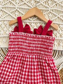 SHEIN LMoss Kids 女婴可爱休闲红白格子草莓图案蝴蝶结装饰连体衣 - 彩色 - 查看 5