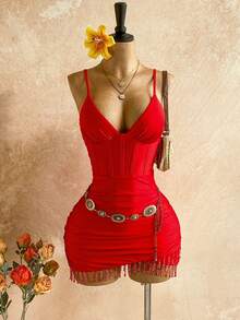 Soleia Women's Vacation Casual Fringe Hem Spaghetti Strap Mini Dress - Cherry Red - View 1