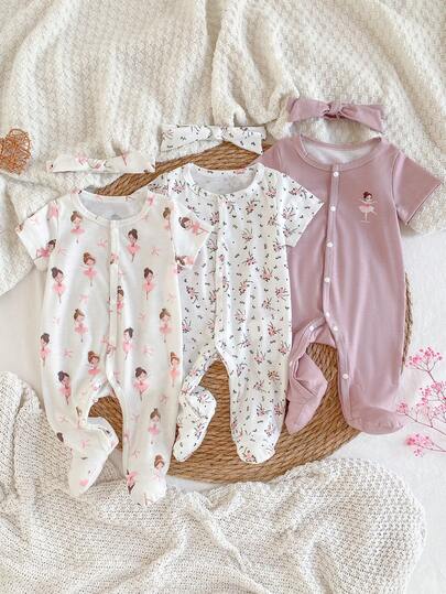 SHEIN Bộ áo liền quần cho bé gái sơ sinh, họa tiết hoa nhí, mềm mại và thoải mái, kiểu dáng thời trang và tối giản.