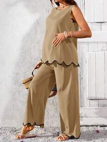 SHEIN Maternity Vacation Casual Contrast Color Shell Trim Tank Top And Pants 2 Pieces Set - Khaki - View 6