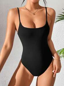 SHEIN PETITE 無紋背心細肩帶連體褲 - 黑色 - 查看 3