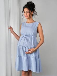 Momance Striped V-Back Cropped Elegant Bow Tie Maternity Dress - Blue - View 5
