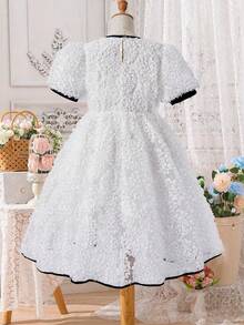 女童优雅舒适提花圆领杏色连衣裙，适合日常穿着、派对和聚会。 - 杏色 - 查看 2