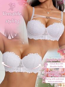 DesireSculpt 1pc Women's Sexy Lace Underwire Front Closure Push-Up Bra, White - White - View 3