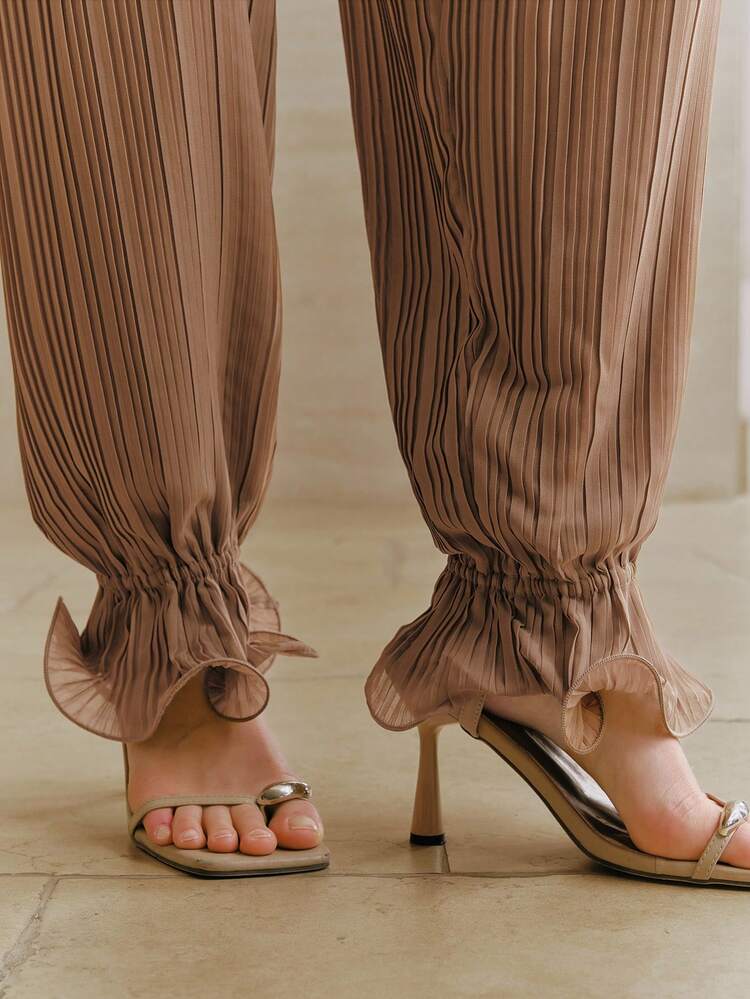 Anewsta Spring/Summer Holiday Casual, Elastic Waist Pleated Workmanship, Ruffle Hem Fashionable Women Pants