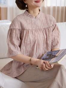 Vivie Lora 女士宽松A字娃娃领衬衫 - 杏色 - 查看 2