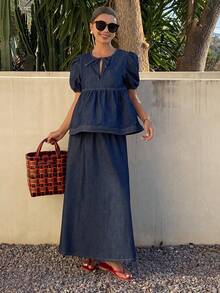 Livesso Spring/Summer Romantic Loose Casual Vacation Style Blue Shirt And Loose Denim Skirt Women's 2-Piece Set - Blue - View 3