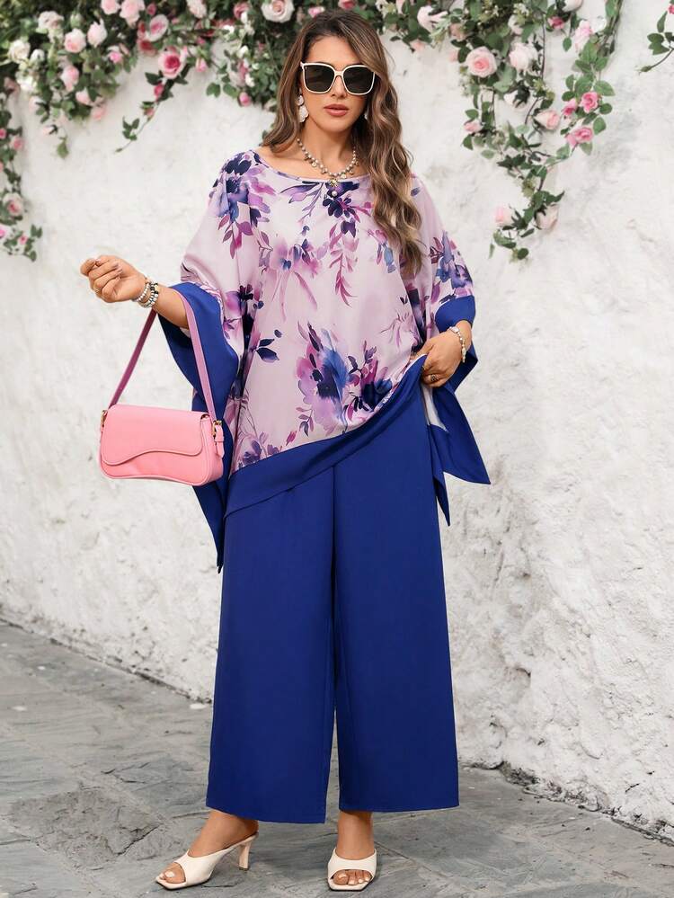 2pc Set Plus Size Women's Summer Casual Vacation Elegant Floral Print Loose Fit Blouse Top Shirt, And Blue Pants 2 Piece Set, Spring/Summer\Summer,Summer Holiday,Spring Break Outfits ,Vacation Outfits Women ,Holiday Outfits For Women,Going Out Outfits,2026 New Clothes,Simple And Fashionable For Everyday Wear,Suitable For Summer, Vacation, Commute, Daily Wear,Modest Two Piece Set, Plus Size Summer Sets, Wide Leg Pants Set, Plus Size Pants Set