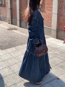 FRIFUL Women's Casual Denim Dress With Round Neck, Drop Shoulder, Long Sleeve, Single-Breasted, And Ruffle Hem - Blue - View 6