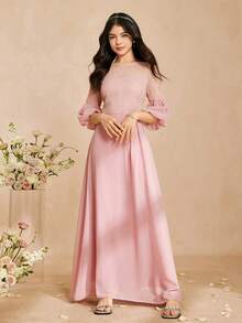 Elegant Flowing Lace Patchwork Chiffon Long Sleeve Waist Flared Long Dress, Suitable For Weddings, Formal Occasions, Parties, Performances, Birthdays, All Seasons - Pink - View 4