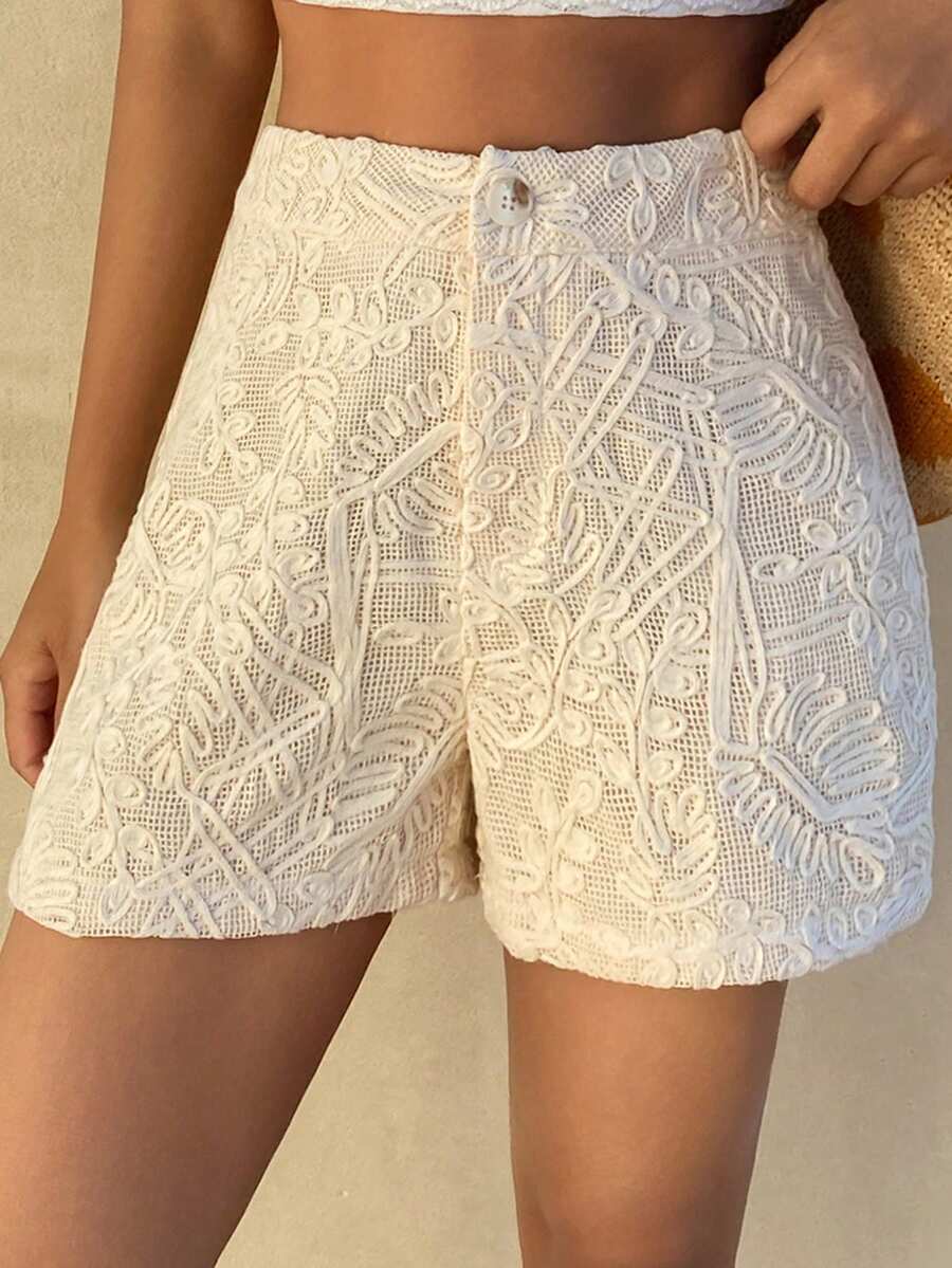 DAZY 女士纯色修身直筒纹理面料休闲度假短裤，春夏款 - 杏色 - 查看 1