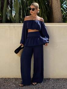 DAZY 2pcs Women Off-Shoulder Short Blouse & Wide Leg Pants Casual Vacation Outfit, Spring/Summer - Blue - View 3