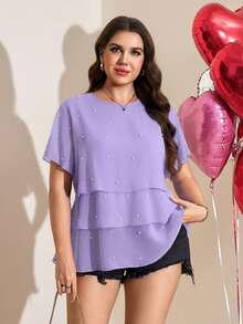 Comfylo 飘逸荷叶边下摆加大码女式短袖衬衫，优雅百搭，适合工作通勤、夏季、圣帕特里克节、复活节、春季、海滩、休闲场合等。女士休闲上衣和衬衫，高端女式上衣，最新款女式上衣，夏季女式上衣热销，休闲女式上衣，优雅新款衬衫，新款衬衫热销。 - 紫羅蘭色 - 查看 6