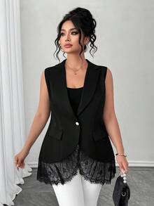 SHEIN Elenzya 大码优雅蕾丝边背心 - 黑色 - 查看 5