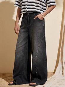 Felipe Marques Ekonfriends Quần jeans nam dáng rộng, rách rưới, đính đinh tán, thích hợp cho mùa xuân, hè, thu, đi biển và dạo phố. - Màu xám đen - Xem 4