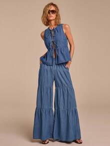 COSMINA Women's Denim Jeans, Pleated Patchwork Design, Pockets, Blue Denim Pants, Summer, Vacation Denim Trousers, Casual Daily Wear, Loose Wide-Leg Jeans - Blue - View 3