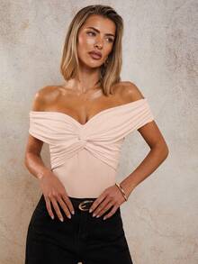 COSMINA Women's Solid Color Off-Shoulder Twist Design Bodysuit - Baby Pink - View 6